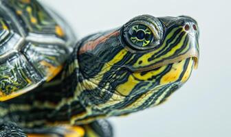 ai généré proche en haut de une à ventre rouge tortue sur blanc Contexte photo