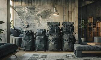 ai généré groupe de noir Voyage Sacs dans le vivant chambre. Voyage concept. photo