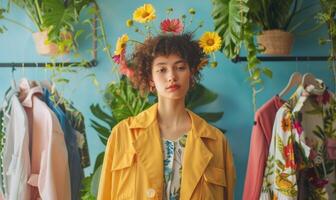 ai généré magnifique Jeune femme dans paille chapeau et Jaune manteau avec tropical fleurs photo