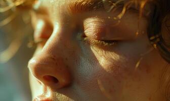 ai généré proche en haut portrait de une magnifique Jeune femme avec taches de rousseur sur sa visage photo