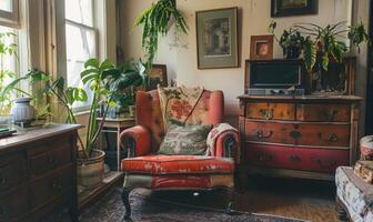 ai généré intérieur de une vivant pièce dans une grenier style avec antique meubles photo