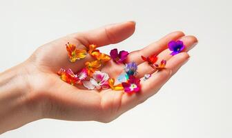ai généré fermer de une femme main en portant coloré fleur pétales photo