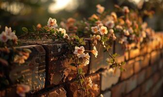 ai généré vieux brique mur avec magnifique fleurs. peu profond profondeur de champ. photo