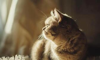 ai généré mignonne tigré Britanique cheveux courts chat séance sur le fenêtre seuil photo