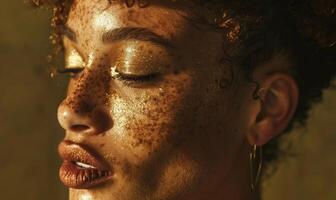 ai généré proche en haut portrait de une magnifique africain américain femme avec taches de rousseur photo