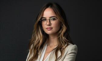 ai généré portrait de une magnifique fille avec des lunettes sur une foncé Contexte. photo