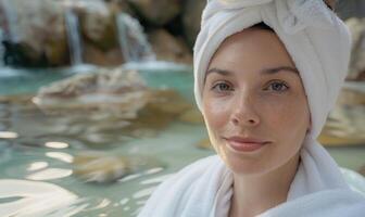 ai généré portrait de Jeune magnifique femme relaxant dans nager bassin à spa recours photo