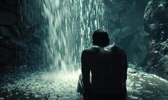 ai généré homme séance dans une foncé la grotte avec cascades photo