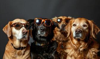 ai généré groupe de d'or retriever chiens portant des lunettes de soleil, studio coup sur noir Contexte photo