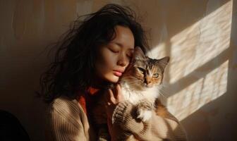 ai généré magnifique Jeune femme dans une chaud chandail avec une chat dans sa bras. photo