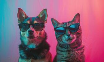 ai généré chat et chien dans des lunettes de soleil sur une coloré Contexte. studio tir. photo