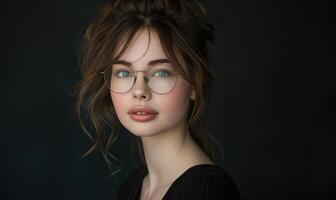 ai généré portrait de une magnifique fille avec des lunettes sur une foncé Contexte. photo