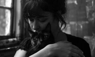 ai généré noir et blanc portrait de une Jeune femme avec une noir chat dans sa bras photo