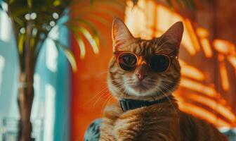 ai généré portrait de une rouge chat portant des lunettes de soleil et une arc cravate. photo