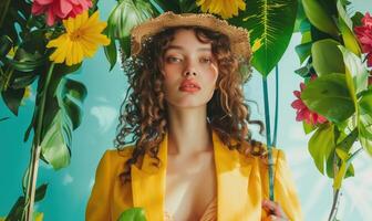 ai généré magnifique Jeune femme dans paille chapeau et Jaune manteau avec tropical fleurs photo