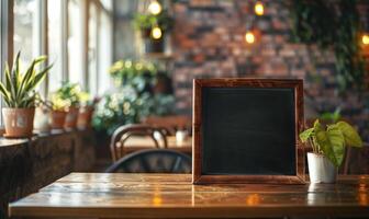 ai généré vide en bois enseigne sur une en bois table dans une café ou restaurant photo
