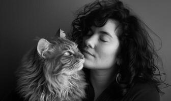 ai généré fermer portrait de une magnifique Jeune femme avec longue frisé cheveux et duveteux chat. monochrome image. photo