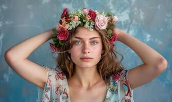 ai généré magnifique Jeune femme dans une couronne de fleurs sur sa tête photo