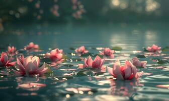 ai généré fermer vue de rose lotus sur l'eau surface photo