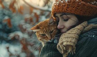 ai généré Jeune femme avec une gingembre chat dans une hiver parc. concentrer sur le chat photo