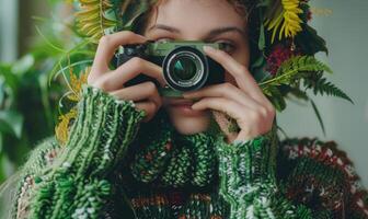 ai généré portrait de une magnifique fille dans une vert tricoté chandail avec une caméra dans sa mains. photo