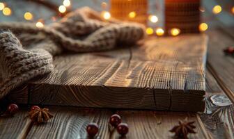 ai généré vide en bois table dans café magasin intérieur avec bokeh Contexte. photo