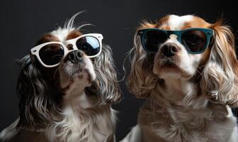 ai généré deux cavalier Roi Charles épagneul chiens portant des lunettes de soleil, studio coup photo