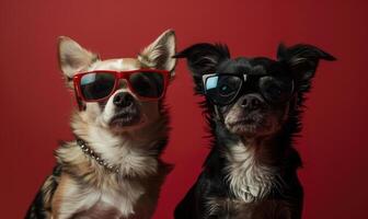 ai généré deux chihuahua chiens dans des lunettes de soleil sur une rouge Contexte. photo