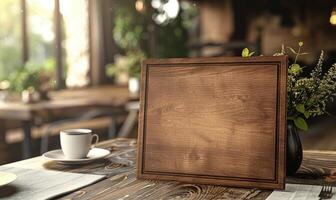 ai généré Vide en bois menu planche sur en bois table dans café. photo