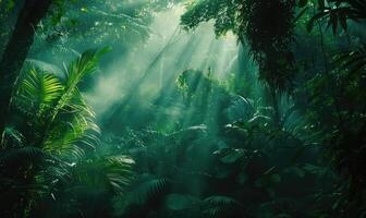 ai généré tropical forêt tropicale avec rayons de soleil et des rayons de lumière photo
