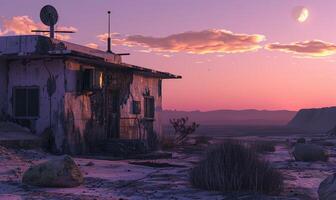 ai généré abandonné maison dans le désert à le coucher du soleil. photo