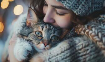 ai généré magnifique Jeune femme dans une chaud chandail avec une chat dans sa bras. photo