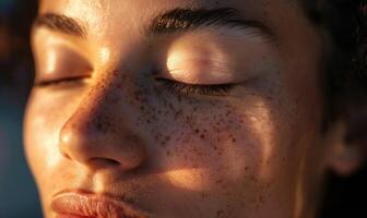 ai généré proche en haut portrait de une magnifique Jeune femme avec taches de rousseur sur sa visage photo