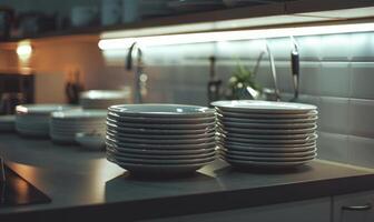 ai généré fermer de nettoyer assiettes sur plan de travail dans moderne cuisine à Accueil photo
