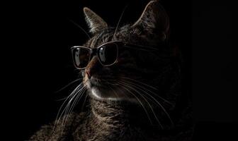 ai généré fermer portrait de une chat portant des lunettes de soleil sur une noir Contexte. photo