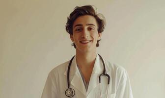 ai généré portrait de Jeune Masculin médecin avec stéthoscope sur blanc Contexte photo