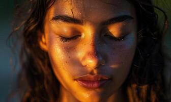 ai généré portrait de une magnifique Jeune femme avec fermé yeux et humide cheveux photo