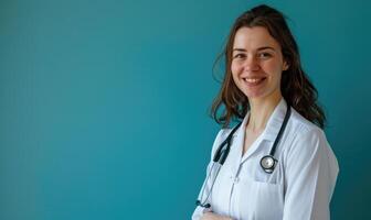 ai généré portrait de une souriant femelle médecin avec stéthoscope sur bleu Contexte photo