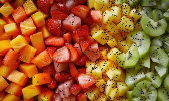 ai généré fruit salade avec des fraises, kiwi, ananas et mangue photo