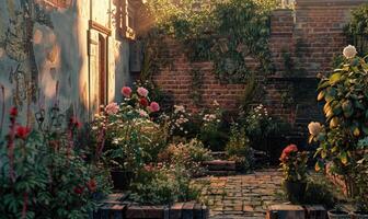 ai généré magnifique été jardin avec fleurs et les plantes dans de face de une brique mur photo