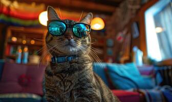 ai généré mignonne chat avec des lunettes de soleil mensonge sur une canapé dans le chambre. photo