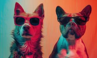 ai généré deux chiens dans des lunettes de soleil sur une coloré Contexte. fermer. photo