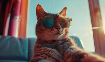 ai généré mignonne gingembre chat portant des lunettes de soleil séance sur le rebord de fenêtre à le coucher du soleil. photo