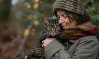 ai généré Sénior femme étreindre chat dans parc. abandonné animaux, Humain et animal de compagnie. photo