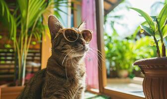 ai généré mignonne tigré chat portant des lunettes de soleil séance sur le rebord de fenêtre. photo