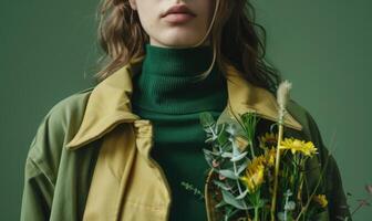 ai généré tondu vue de fille dans vert manteau en portant bouquet de fleurs isolé sur vert photo