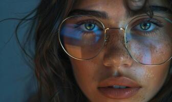 ai généré portrait de une Jeune femme dans lunettes. fermer. photo