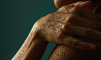 ai généré fermer de humide femelle mains avec humide peau sur foncé vert Contexte photo