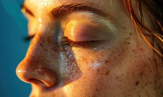 ai généré proche en haut portrait de une magnifique Jeune femme avec taches de rousseur sur sa visage photo