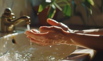 ai généré la lessive mains avec savon en dessous de fonctionnement l'eau. hygiène concept. photo